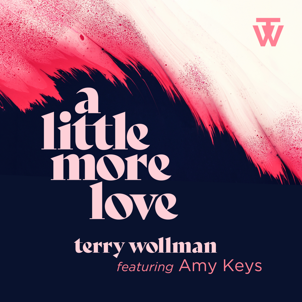 Album cover for 'A Little More Love' by Terry Wollman featuring Amy Keys, featuring a bold pink and navy abstract brushstroke design.